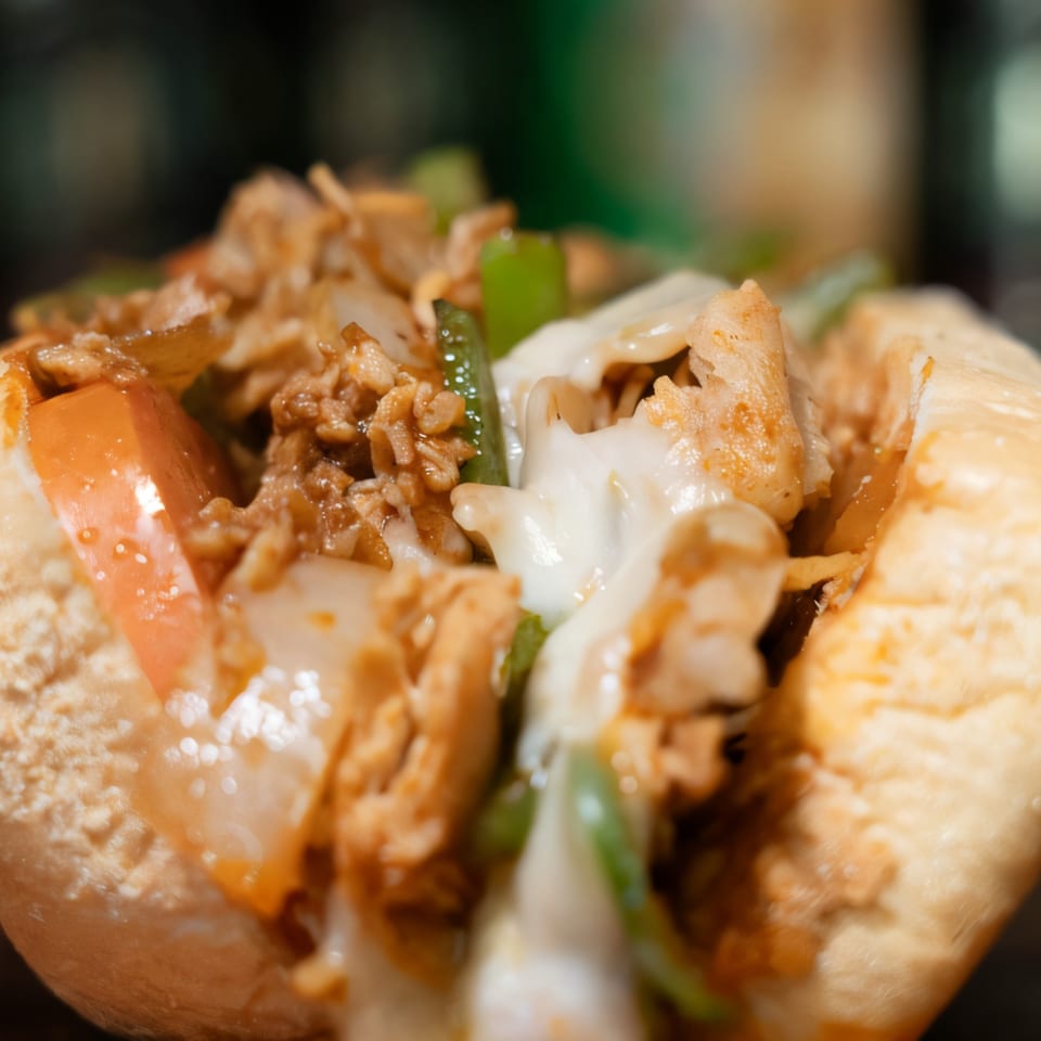 Close-up of a Mojo's cheesesteak, filled with meat, melted cheese, green peppers, and onions.