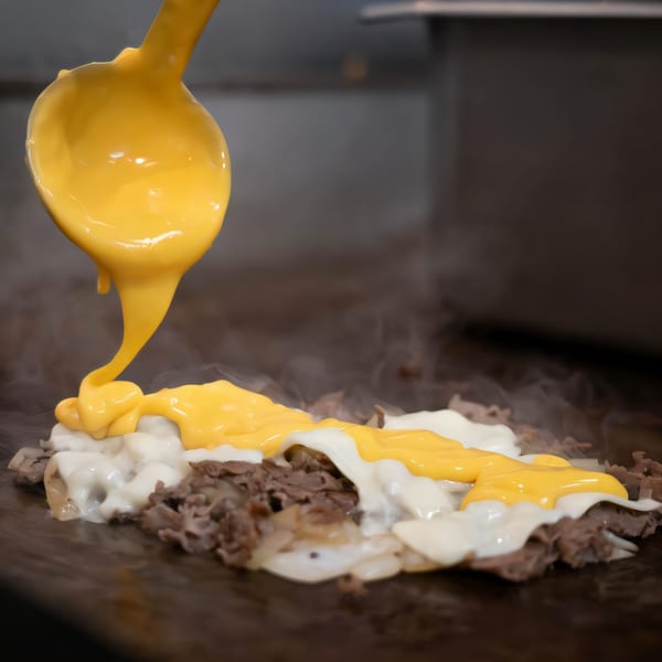 Hot cheese sauce being poured from a ladle onto a sizzling Mojo's cheesesteak with white cheese.