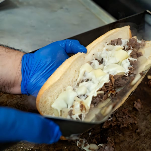 Gloved hands preparing a Mojo's cheesesteak, filling a long roll with steak, onions, and melted cheese.