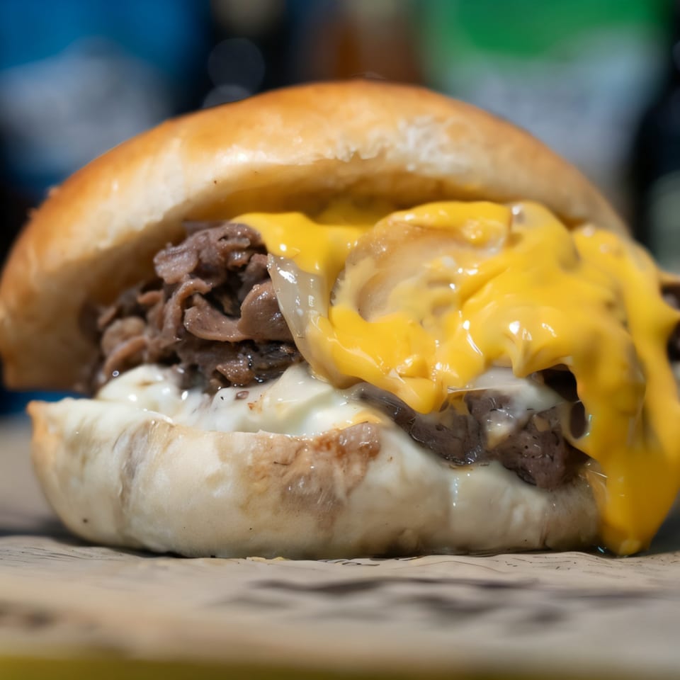 A Mojo's cheesesteak with melted cheese, steak, and white sauce on a bun.